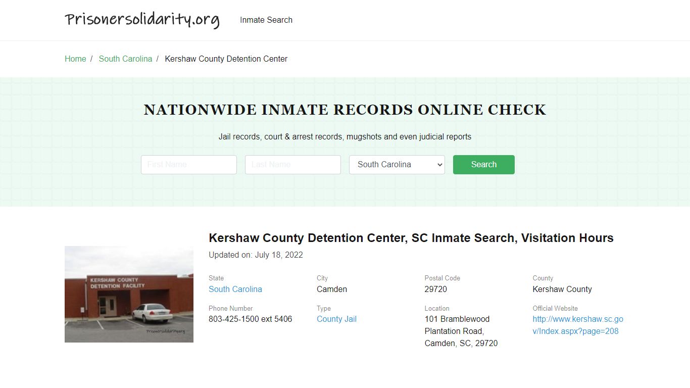 Kershaw County Detention Center, SC Inmate Search, Visitation Hours